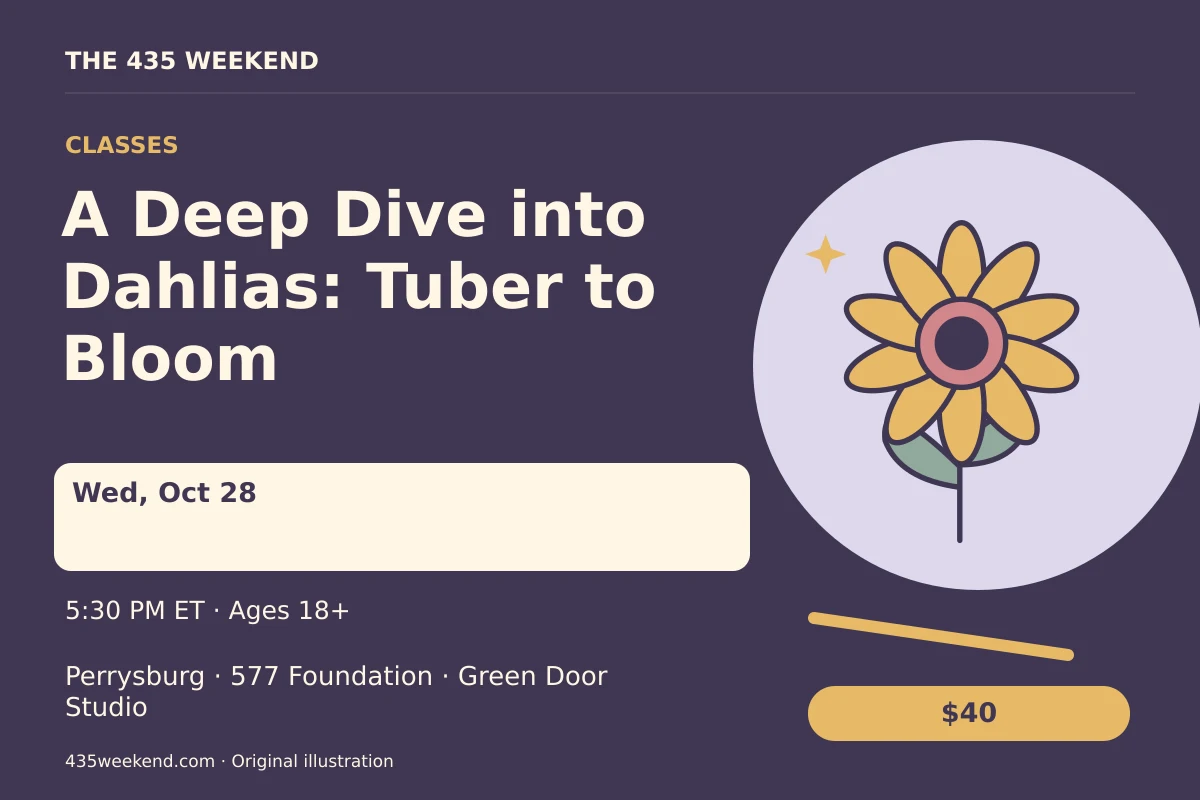 Illustrated activity card for A Deep Dive into Dahlias: Tuber to Bloom; see listing for dates, Perrysburg.