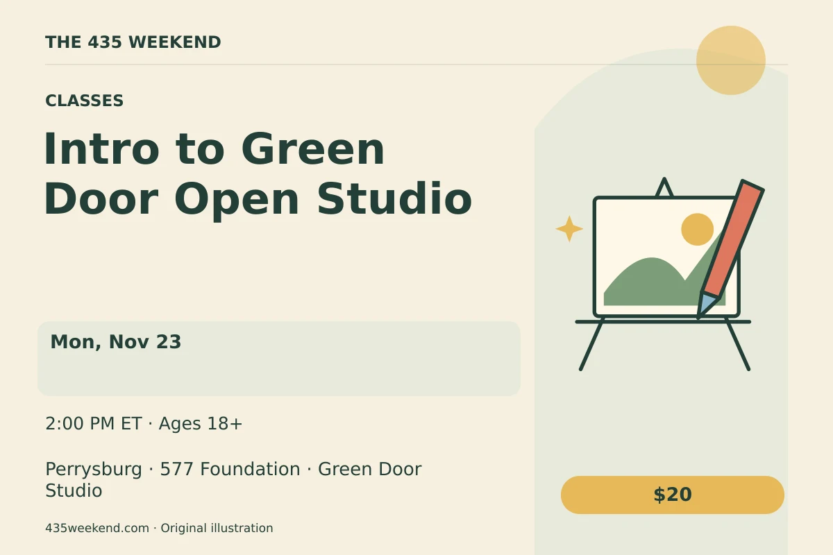 Illustrated activity card for Intro to Green Door Open Studio; see listing for dates, Perrysburg.