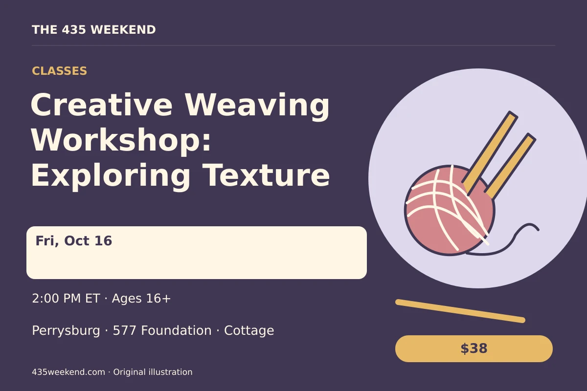 Illustrated activity card for Creative Weaving Workshop: Exploring Texture; see listing for dates, Perrysburg.