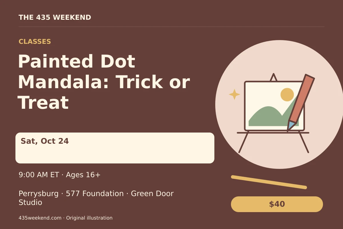Illustrated activity card for Painted Dot Mandala: Trick or Treat; see listing for dates, Perrysburg.