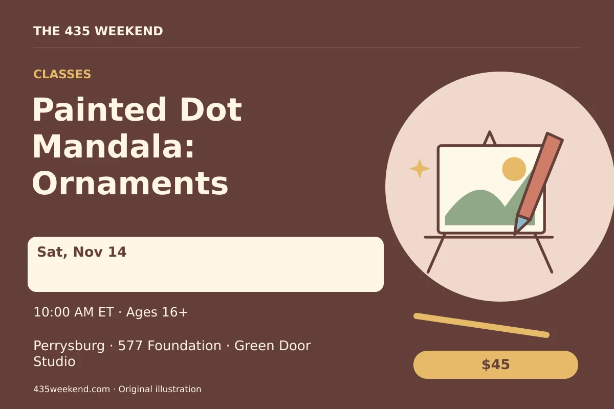 Illustrated activity card for Painted Dot Mandala: Ornaments; see listing for dates, Perrysburg.