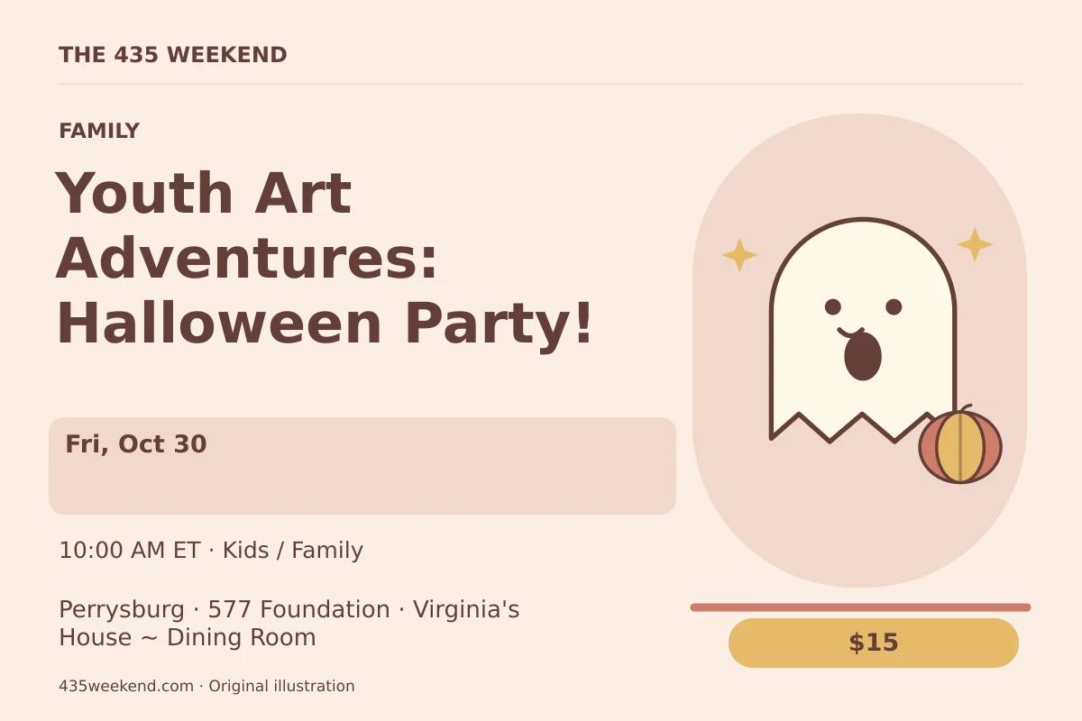 Illustrated activity card for Youth Art Adventures: Halloween Party!; see listing for dates, Perrysburg.