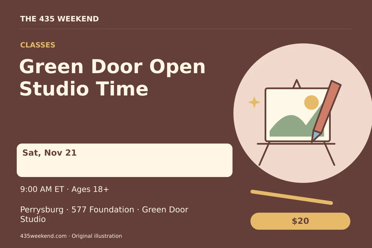 Illustrated activity card for Green Door Open Studio Time; see listing for dates, Perrysburg.