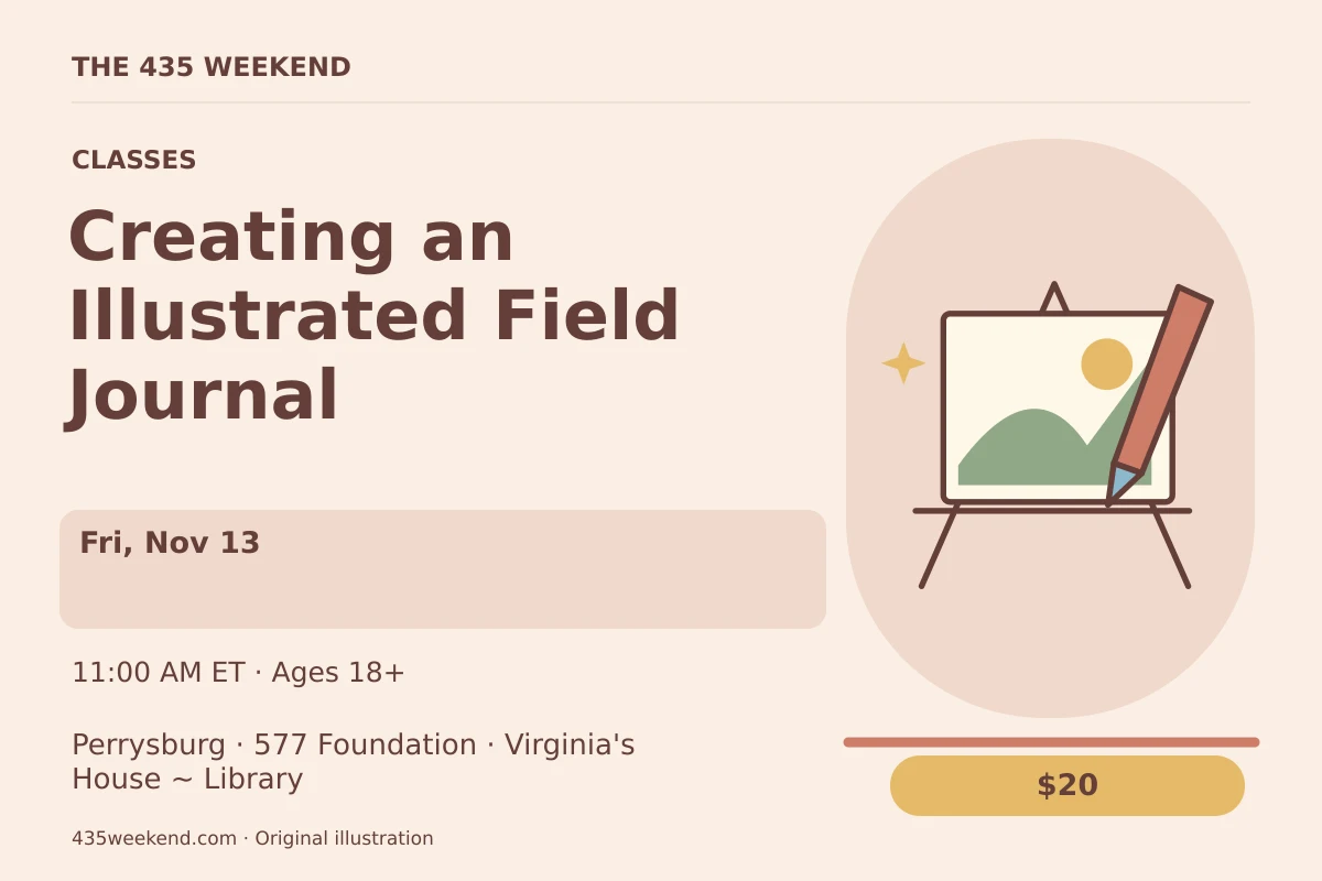 Illustrated activity card for Creating an Illustrated Field Journal; see listing for dates, Perrysburg.