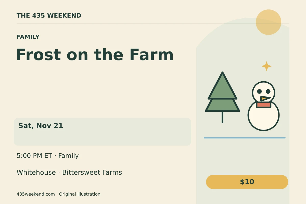 Illustrated activity card for Frost on the Farm; see listing for dates, Whitehouse.