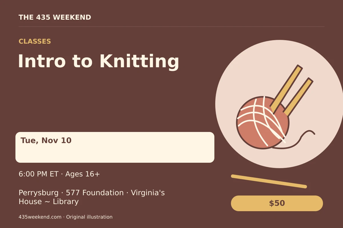 Illustrated activity card for Intro to Knitting; see listing for dates, Perrysburg.