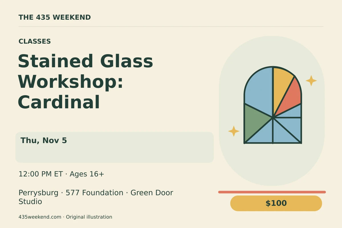 Illustrated activity card for Stained Glass Workshop: Cardinal; see listing for dates, Perrysburg.