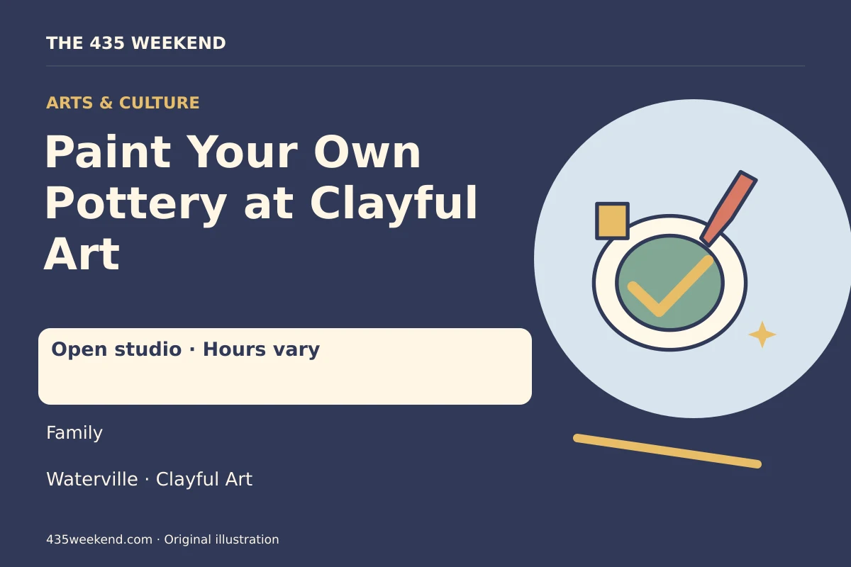 Illustrated activity card for Paint Your Own Pottery at Clayful Art; Open studio · Hours vary, Waterville.