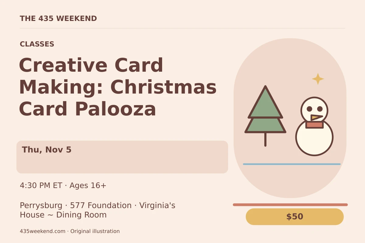 Illustrated activity card for Creative Card Making: Christmas Card Palooza; see listing for dates, Perrysburg.