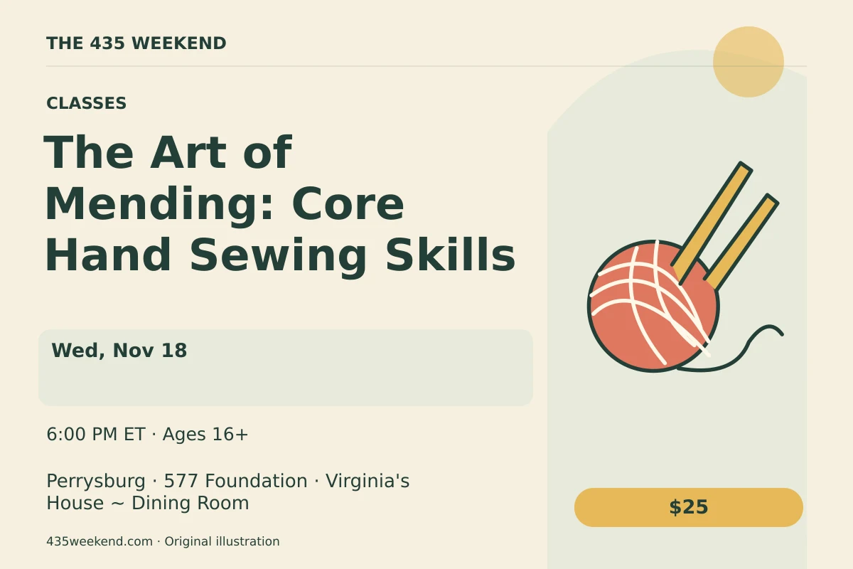 Illustrated activity card for The Art of Mending: Core Hand Sewing Skills; see listing for dates, Perrysburg.