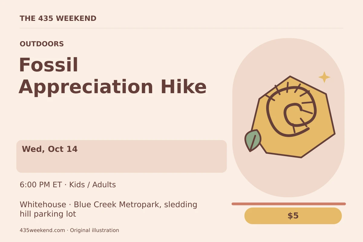 Illustrated activity card for Fossil Appreciation Hike; Wed, Oct 14, Whitehouse.