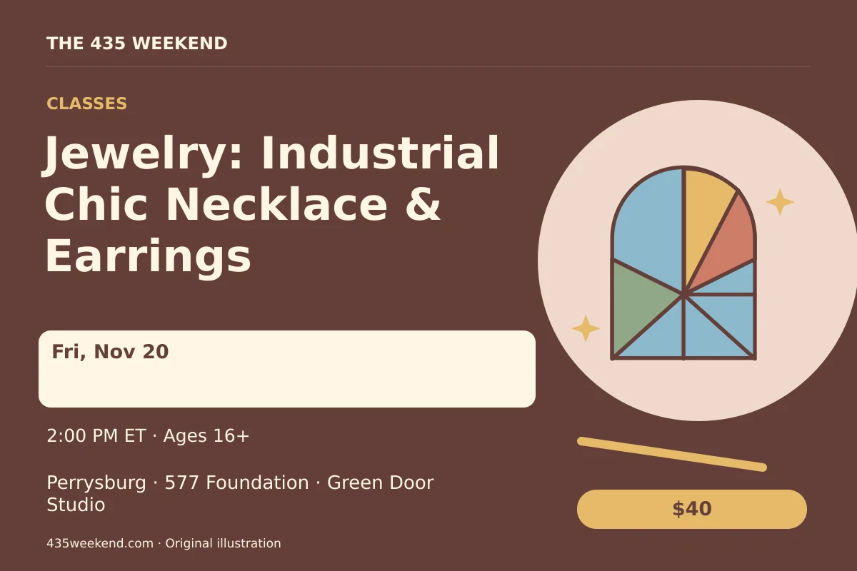 Illustrated activity card for Jewelry: Industrial Chic Necklace & Earrings; see listing for dates, Perrysburg.