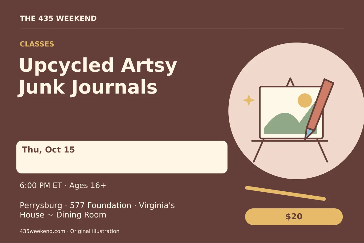 Illustrated activity card for Upcycled Artsy Junk Journals; see listing for dates, Perrysburg.