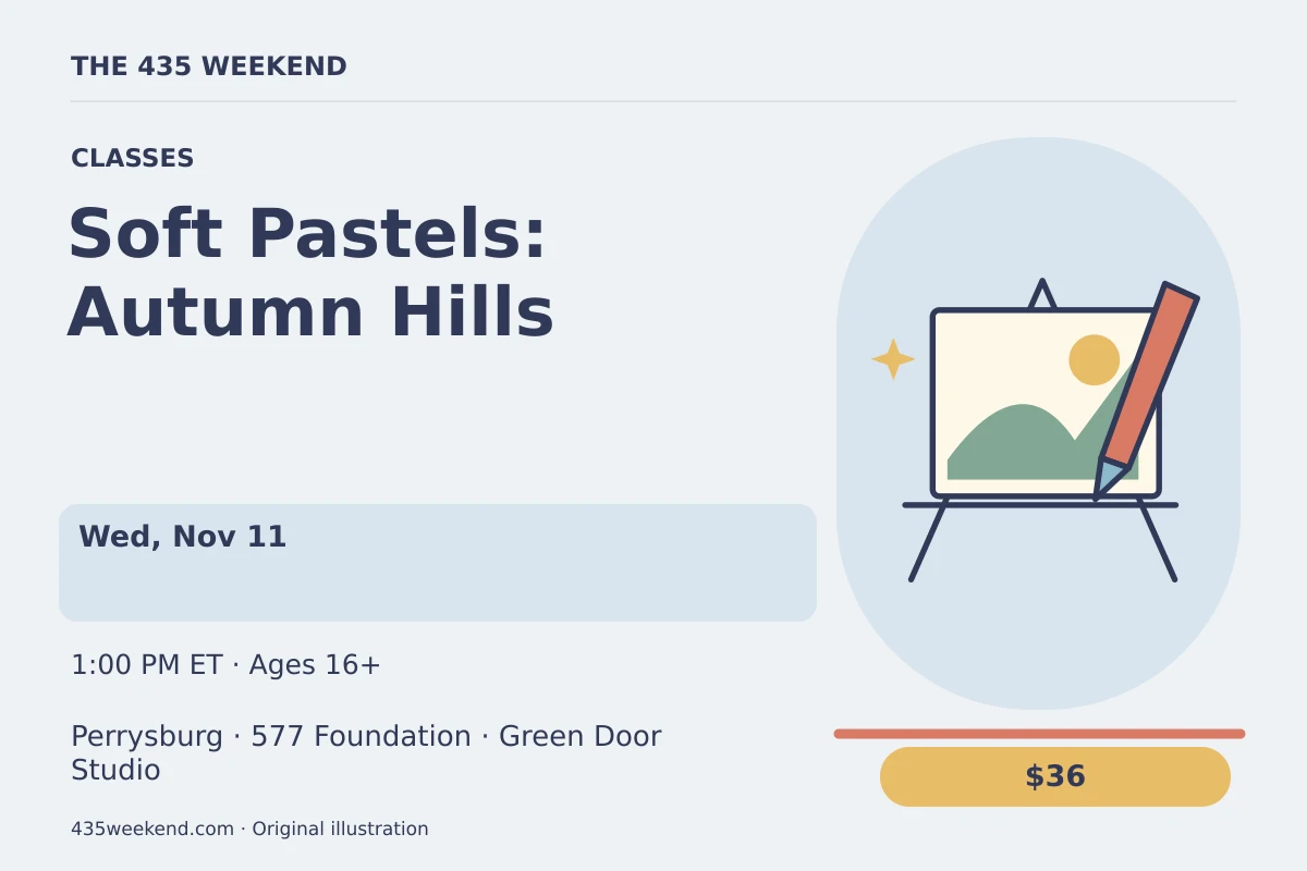 Illustrated activity card for Soft Pastels: Autumn Hills; see listing for dates, Perrysburg.