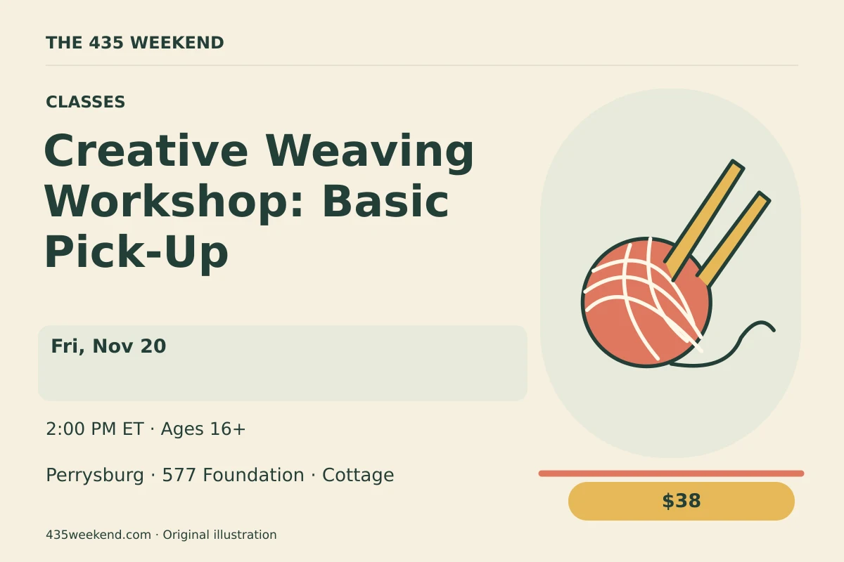 Illustrated activity card for Creative Weaving Workshop: Basic Pick-Up; see listing for dates, Perrysburg.