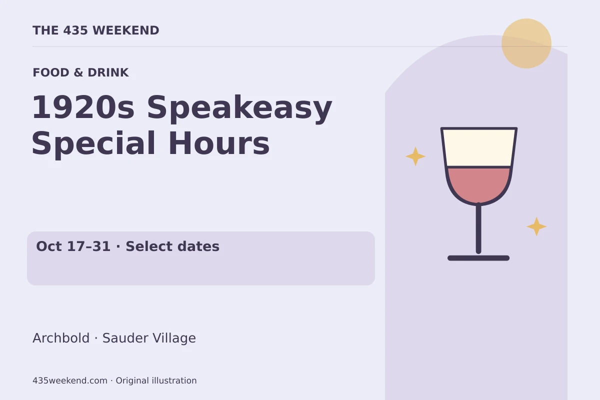 Illustrated activity card for 1920s Speakeasy Special Hours; Oct 17–31 · Select dates, Archbold.