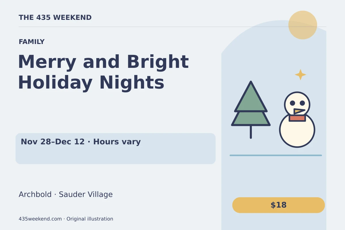 Illustrated activity card for Merry and Bright Holiday Nights; Nov 28–Dec 12 · Hours vary, Archbold.