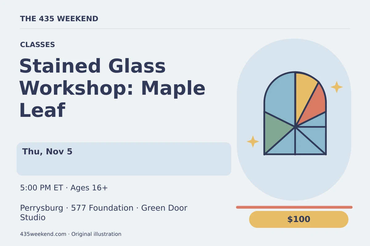 Illustrated activity card for Stained Glass Workshop: Maple Leaf; see listing for dates, Perrysburg.