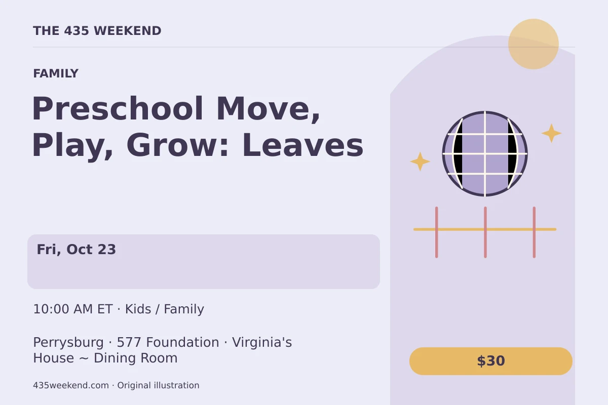 Illustrated activity card for Preschool Move, Play, Grow: Leaves; see listing for dates, Perrysburg.