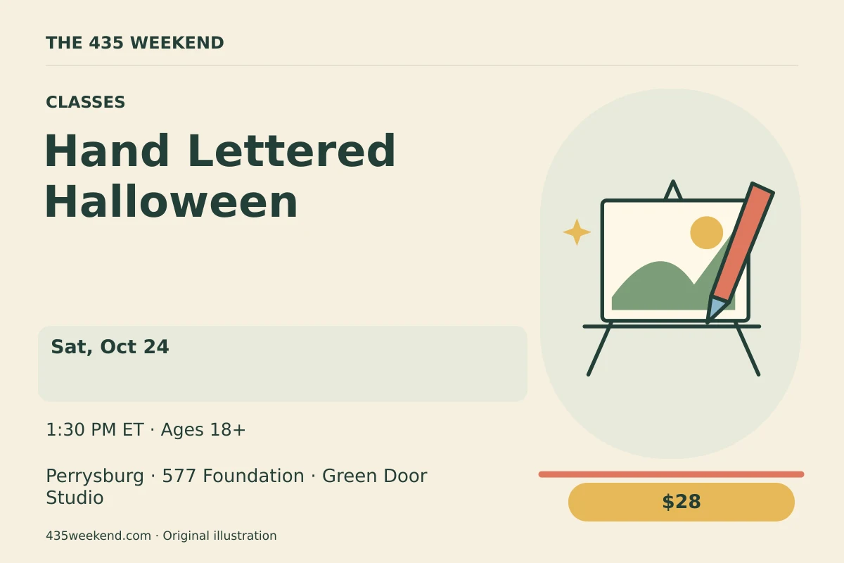 Illustrated activity card for Hand Lettered Halloween; see listing for dates, Perrysburg.