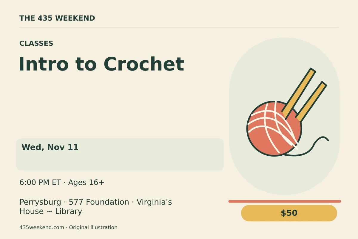 Illustrated activity card for Intro to Crochet; see listing for dates, Perrysburg.