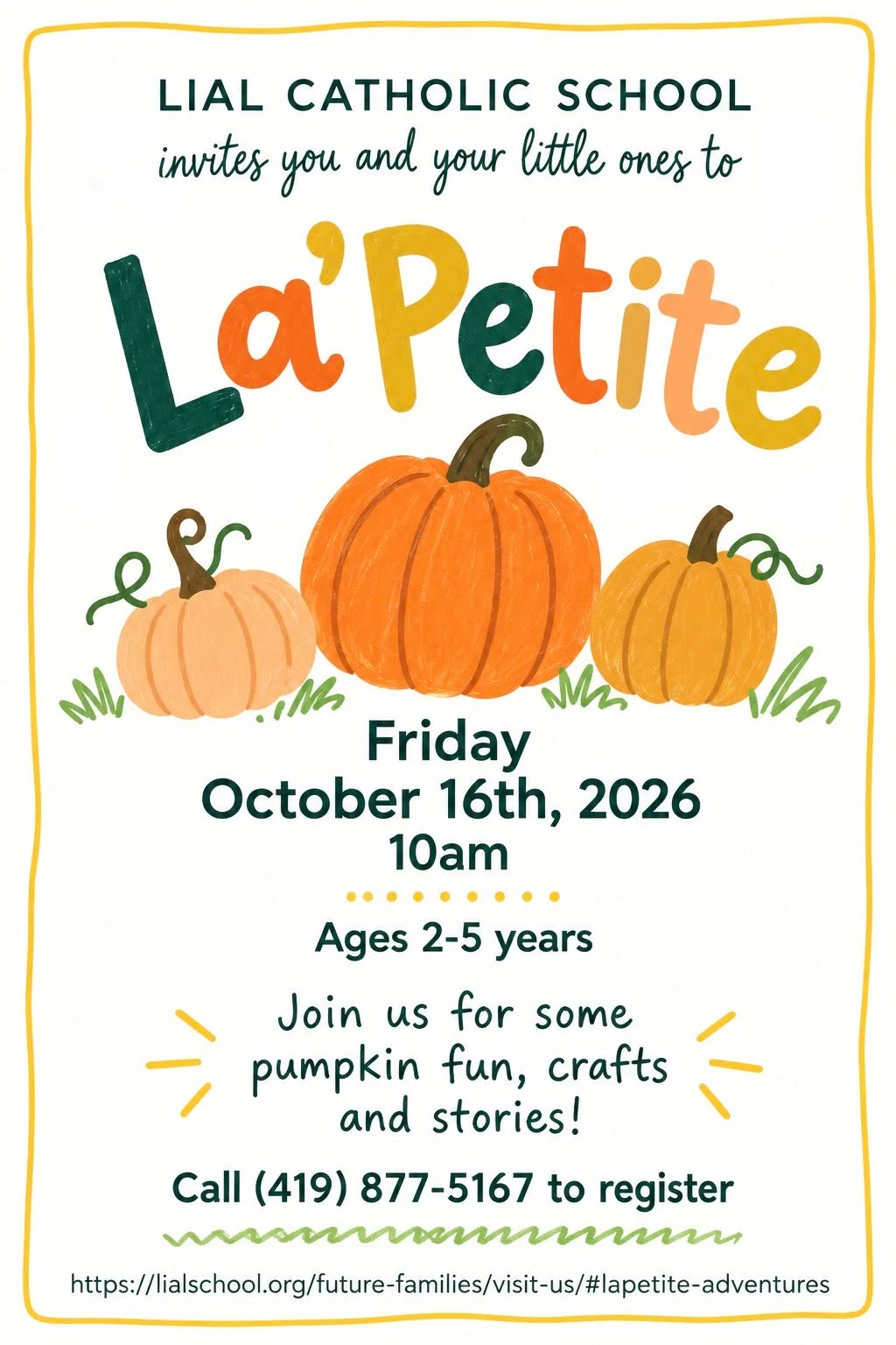 School flyer for the October 16 La’Petite pumpkin playdate.