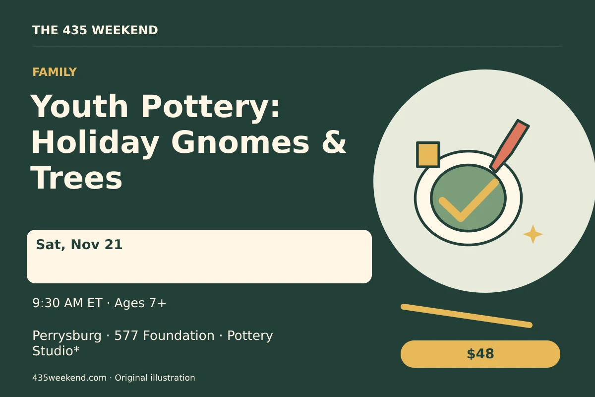 Illustrated activity card for Youth Pottery: Holiday Gnomes & Trees; see listing for dates, Perrysburg.
