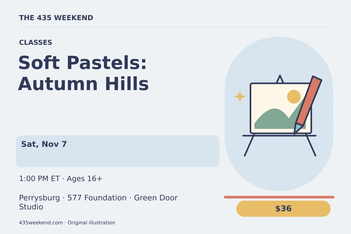 Illustrated activity card for Soft Pastels: Autumn Hills; see listing for dates, Perrysburg.