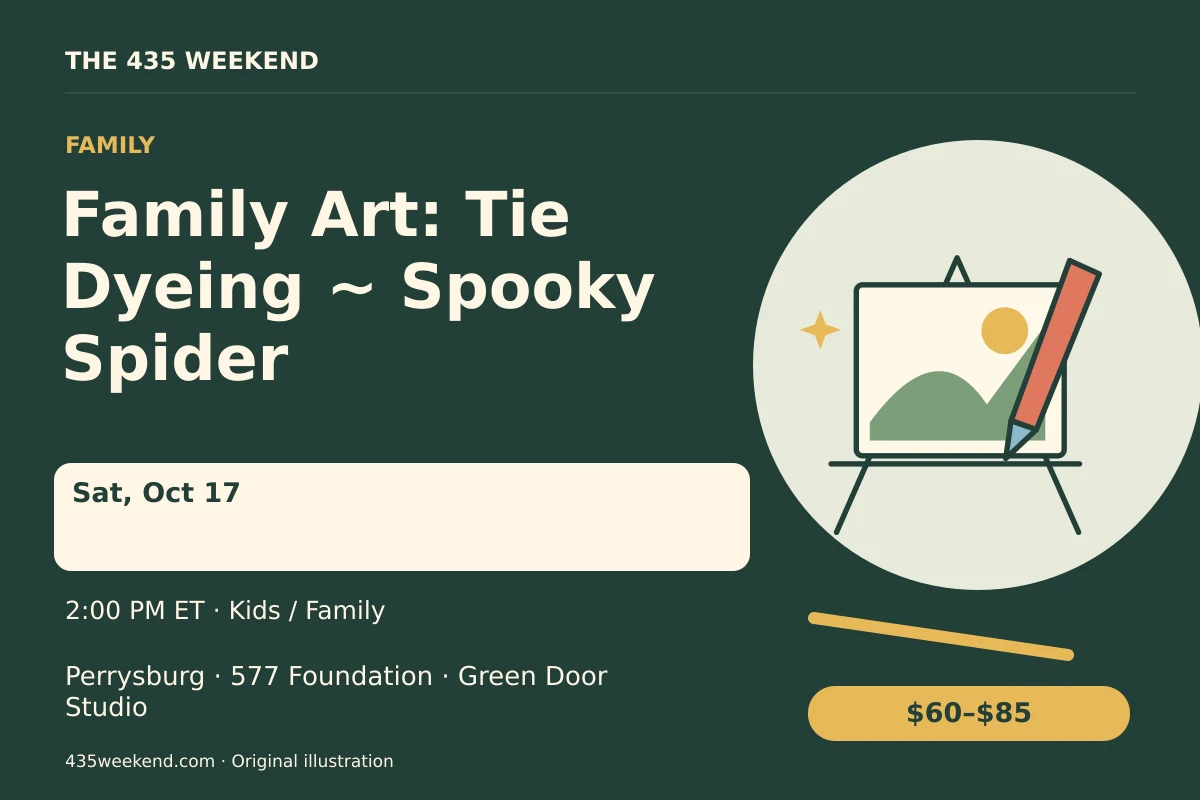 Illustrated activity card for Family Art: Tie Dyeing ~ Spooky Spider; see listing for dates, Perrysburg.