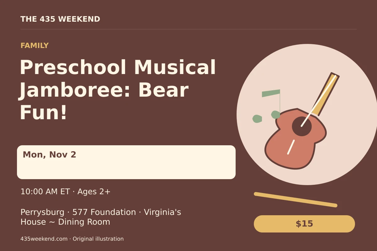Illustrated activity card for Preschool Musical Jamboree: Bear Fun!; see listing for dates, Perrysburg.