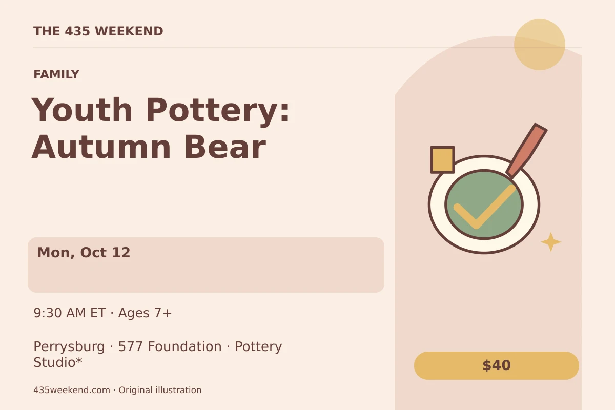 Illustrated activity card for Youth Pottery: Autumn Bear; see listing for dates, Perrysburg.