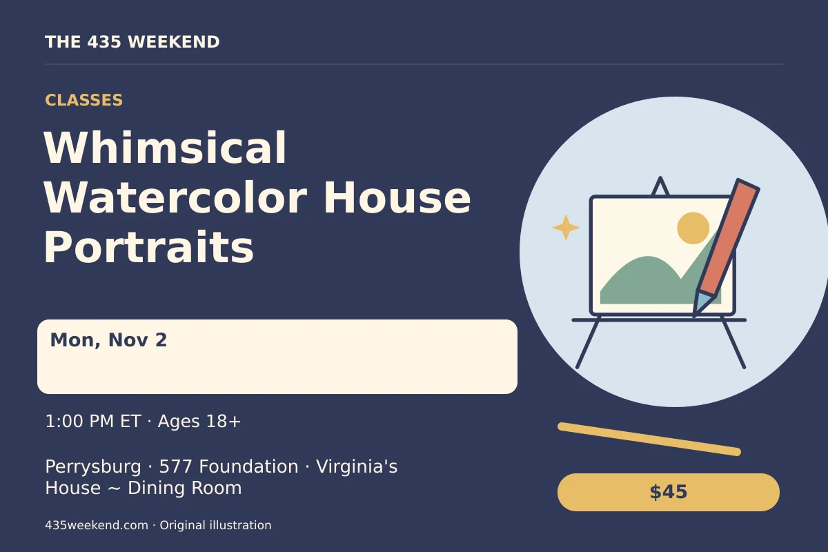 Illustrated activity card for Whimsical Watercolor House Portraits; see listing for dates, Perrysburg.