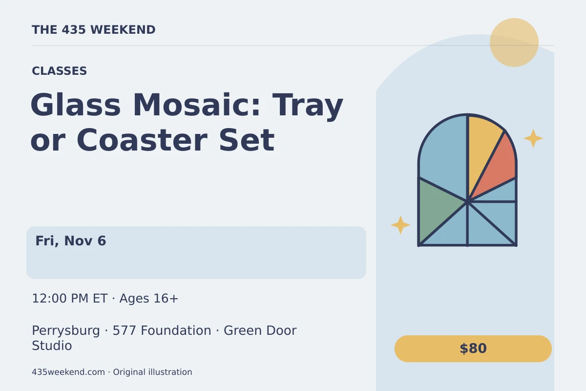 Illustrated activity card for Glass Mosaic: Tray or Coaster Set; see listing for dates, Perrysburg.
