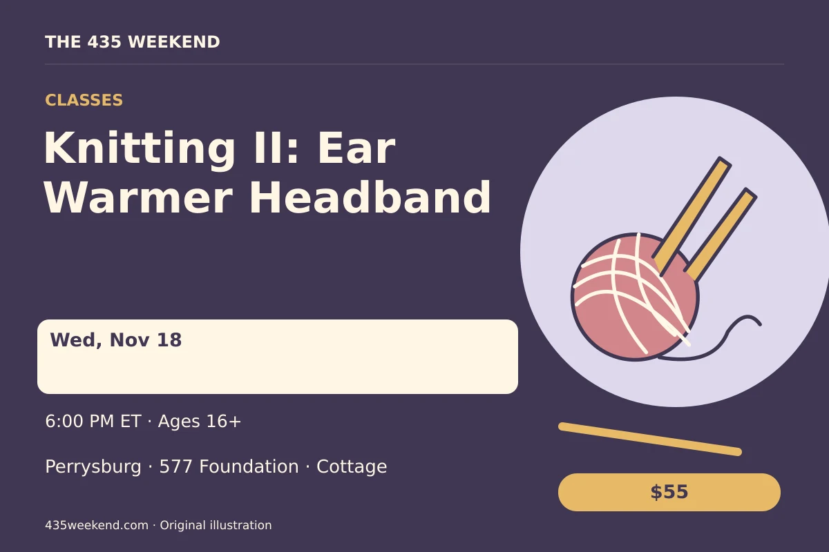 Illustrated activity card for Knitting II: Ear Warmer Headband; see listing for dates, Perrysburg.