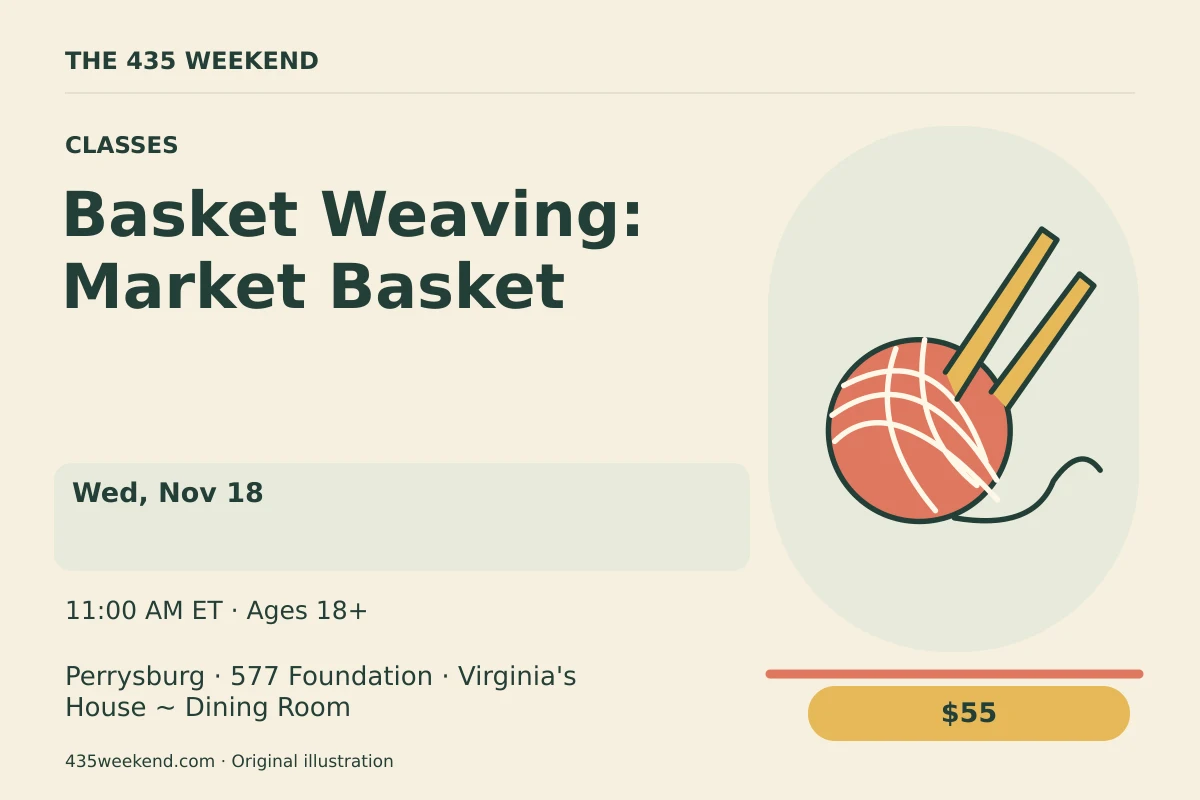 Illustrated activity card for Basket Weaving: Market Basket; see listing for dates, Perrysburg.