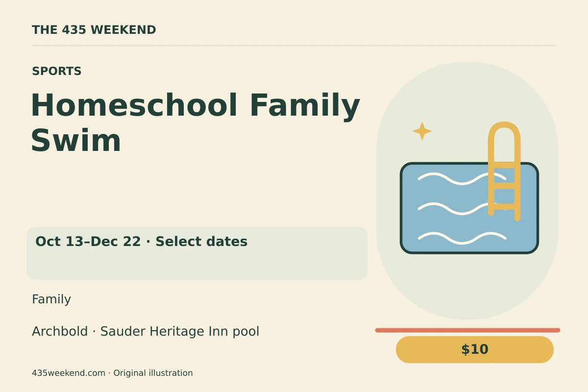 Illustrated activity card for Homeschool Family Swim; Oct 13–Dec 22 · Select dates, Archbold.
