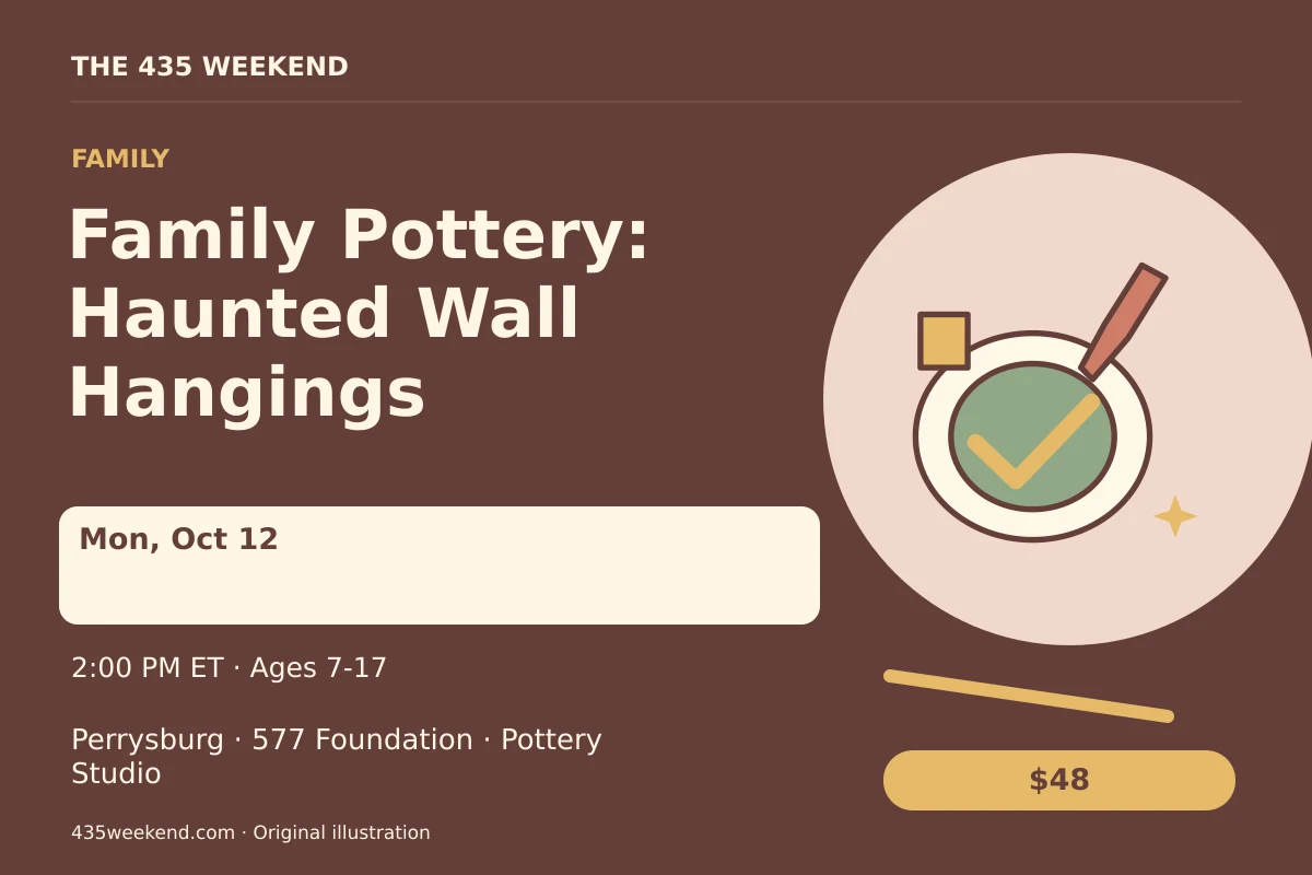 Illustrated activity card for Family Pottery: Haunted Wall Hangings; see listing for dates, Perrysburg.