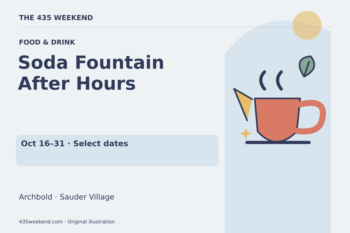 Illustrated activity card for Soda Fountain After Hours; Oct 16–31 · Select dates, Archbold.