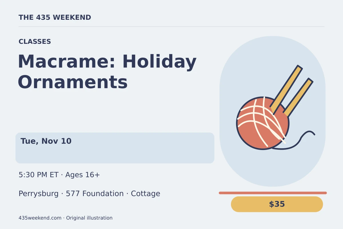 Illustrated activity card for Macrame: Holiday Ornaments; see listing for dates, Perrysburg.