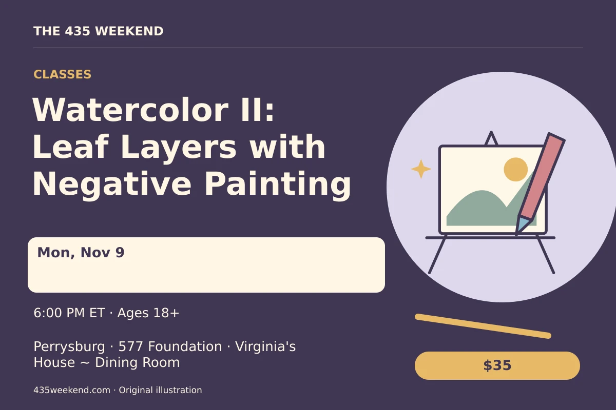Illustrated activity card for Watercolor II: Leaf Layers with Negative Painting; see listing for dates, Perrysburg.