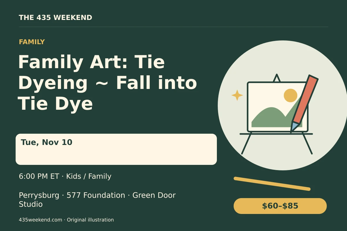 Illustrated activity card for Family Art: Tie Dyeing ~ Fall into Tie Dye; see listing for dates, Perrysburg.