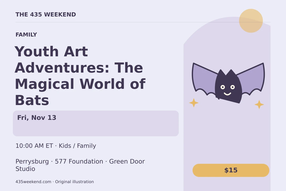 Illustrated activity card for Youth Art Adventures: The Magical World of Bats; see listing for dates, Perrysburg.