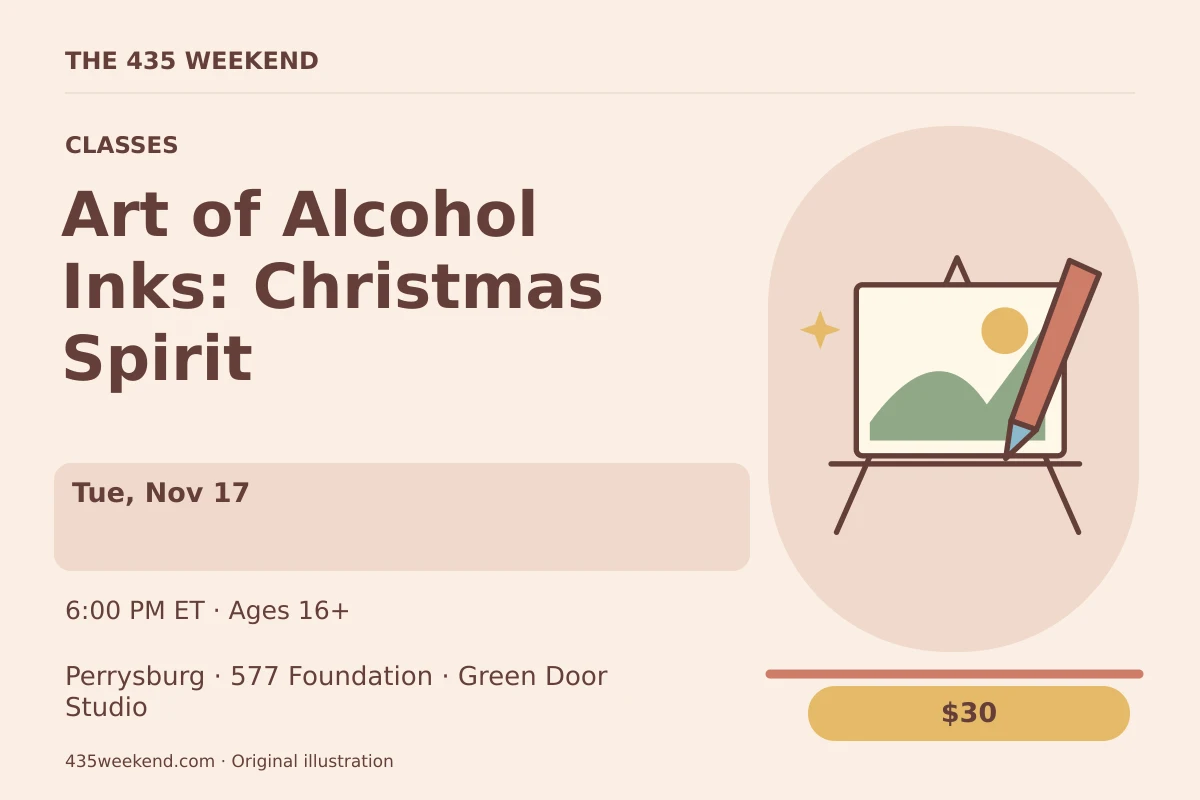 Illustrated activity card for Art of Alcohol Inks: Christmas Spirit; see listing for dates, Perrysburg.