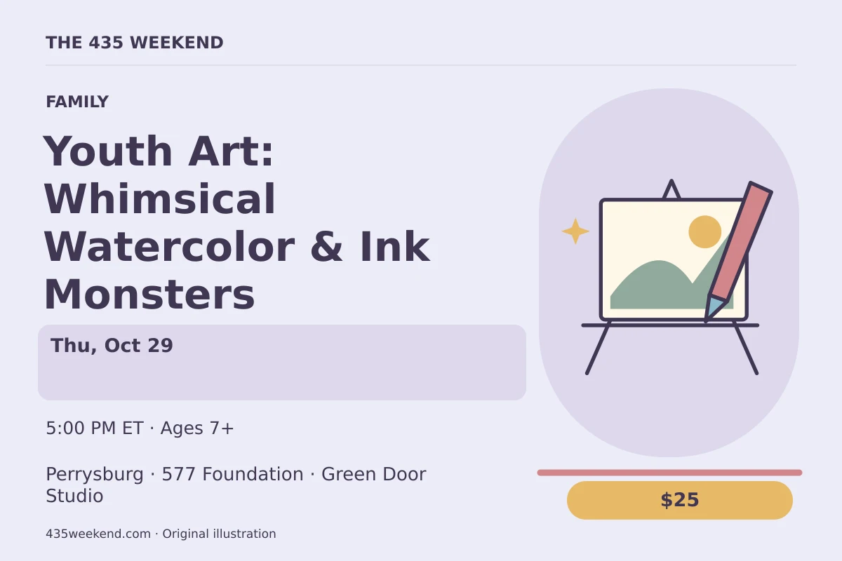 Illustrated activity card for Youth Art: Whimsical Watercolor & Ink Monsters; see listing for dates, Perrysburg.